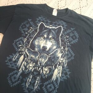 Vtg 90s Fruit Of The Loom Wolf Graphic Tee Shirt Mens‎ 2XL Nature Aztec Native